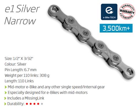 BICYCLE PARTS - CHAIN - SINGLE SPEED - KMC E1 - 110L - SILVER - W/CONNECT LINK - (EBIKE CHAIN, HIGHER PIN POWER FOR E - BIKE TORQUE)