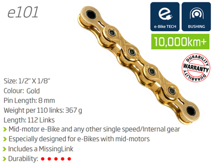 BICYCLE PARTS - CHAIN - SINGLE SPEED - KMC E101 - 112L - GOLD - W/CONNECT LINK - (EBIKE CHAIN, HIGHER PIN POWER FOR E - BIKE TORQUE)
