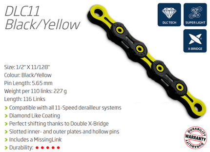 KMC DLC11 11 Speed Chain 116L Yellow/black For Cycling Drivetrain, Superlight DLC Diamond Hard W/connect Link