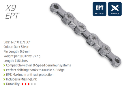 KMC X9 EPT 9 Speed Chain 116 Links Dark Silver Ecopro TEQ Coating Connect Link For Cycling
