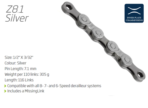 BICYCLE PARTS - CHAIN - 6 - 8 SPEED - KMC ( MODEL) - Z8.1 - 116L - SILVER - W/CONNECT LINK