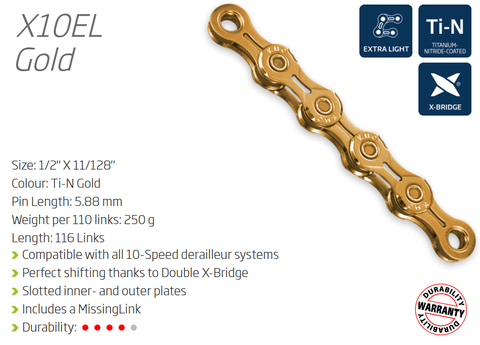 KMC X10EL 10 Speed Bike Chain 116 Links Gold Lightweight W/connect Link For Cycling