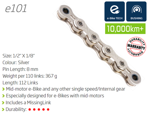 BICYCLE PARTS - CHAIN - SINGLE SPEED - KMC E101 - 112L - SILVER - W/CONNECT LINK - (EBIKE CHAIN, HIGHER PIN POWER FOR E - BIKE TORQUE)