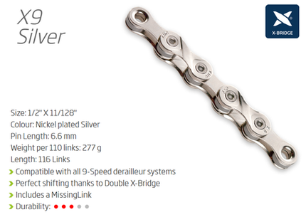 KMC X9 9 Speed Chain 116 Links Silver With Connect Link For Cycling Enthusiasts And Road Bikers