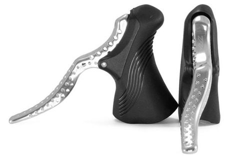 BICYCLE PARTS - TRP BRAKE LEVERS, RRL CLASSIC ROAD STYLE SILVER WITH BLACK HOODS (SOLD IN PAIRS)