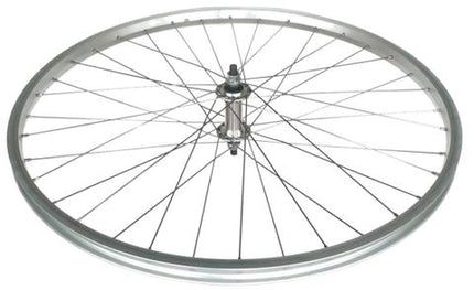 BICYCLE PARTS - WHEEL - FRONT 27.5/650B - SINGLE WALL SILVER ALLOY RIM, NUTTED ALLOY SILVER HUB (100MM O.L.D.) , 36 HOLESILVER STAINLESS STEEL SPOKES