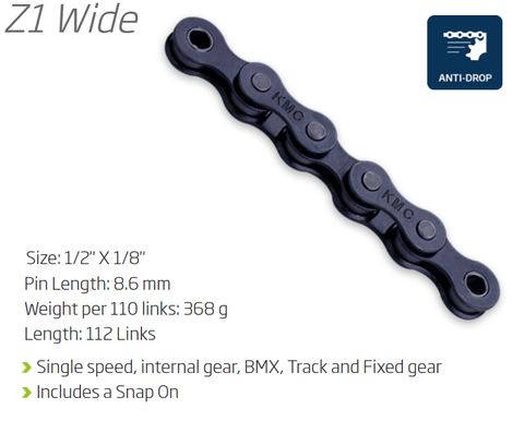 BICYCLE PARTS - CHAIN - SINGLE SPEED - KMC Z1 - 112L - BLACK - W/CONNECT LINK