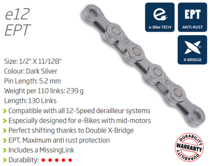 KMC E12 EPT 130 Links 12 Speed Ebike Chain For Sale - Dark Silver, ECOPRO TEQ Coating, W/connect Link, Higher Pin Power For Bike Torque