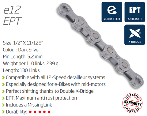 KMC E12 EPT 130 Links 12 Speed Ebike Chain For Sale - Dark Silver, ECOPRO TEQ Coating, W/connect Link, Higher Pin Power For Bike Torque