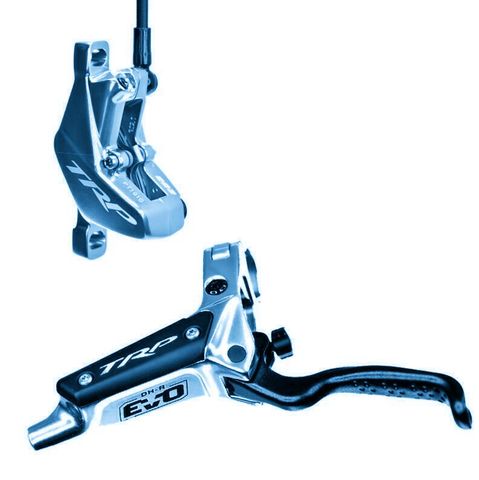 BICYCLE PARTS - TRP DHR EVO REAR, DISC BRAKE SET, REAR, FOR LEFT HAND, ALLOY, 5MM HOSE VERSION HYDRAULIC 4 - PISTON. BLUEISH SILVER (USES 2.3MM ROTOR ONLY - ROTOR NOT INCLUDED)