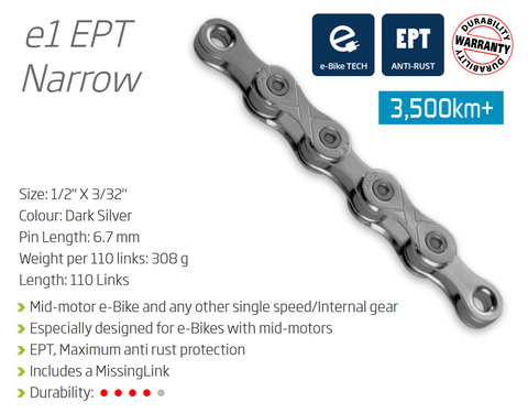 BICYCLE PARTS - CHAIN - SINGLE SPEED - KMC E1 EPT - 110L - DARK SILVER - ECOPRO TEQ COATING - W/CONNECT LINK - (EBIKE CHAIN, HIGHER PIN POWER FOR E - BIKE TORQUE)