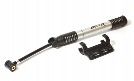 BICYCLE PARTS - MINI PUMP BETO, ALLOY, W/RETRACTABLE 5 HOSE, BRACKET & THREADED HEAD, 80 PSI, AV/FV, 265MM LONG