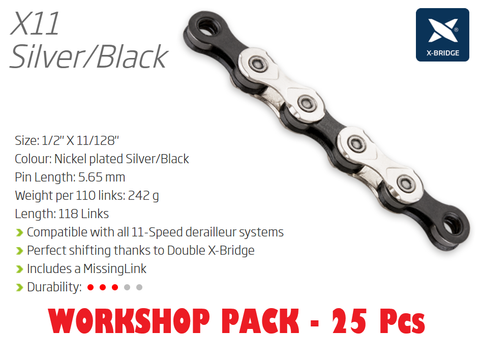 BICYCLE PARTS - CHAIN WORKSHOP BOX - 11 SPEED - KMC X11 - 118L - SILVER/BLACK - X - SERIES - W/CONNECT LINK - INCLUDES 25 CHAINS
