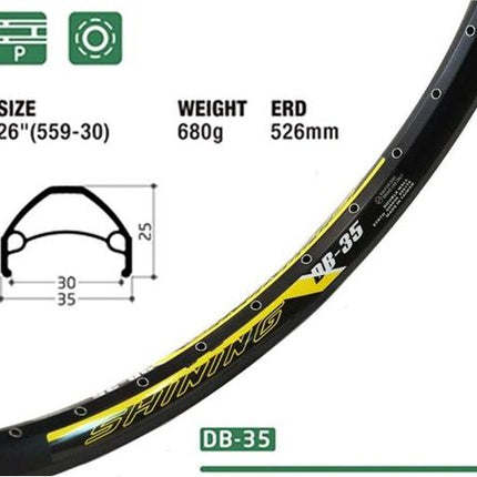 BICYCLE PARTS - RIM 26 X 30MM - SHINING DB - 35 - 36H - (559 X 30) - PRESTA VALVE - DISC BRAKE - D/W - BLACK - EYELETED - (DOWNHILL STYLE)