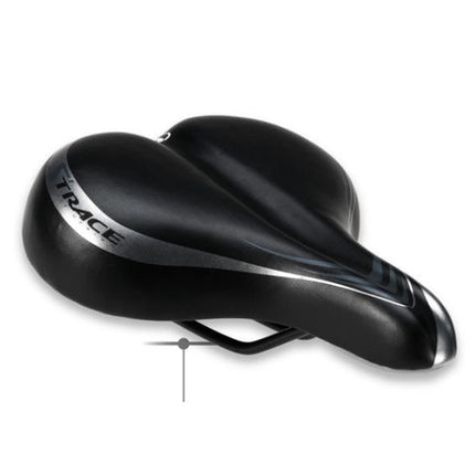 BICYCLE PARTS - SADDLE, BLACK WITH SILVER S'TRACE LOGO, BLACK RAILS, L:263 W:215MM, QUALITY PRODUCT MADE IN TAIWAN