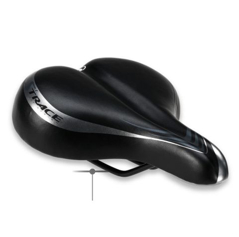 BICYCLE PARTS - SADDLE, BLACK WITH SILVER S'TRACE LOGO, BLACK RAILS, L:263 W:215MM, QUALITY PRODUCT MADE IN TAIWAN