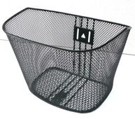 BICYCLE PARTS - BASKET - FRONT, MESH, SQUARISH, WITH FITTINGS BRACKET & STAYS, BLACK, 27CM X 34CM X 25CM