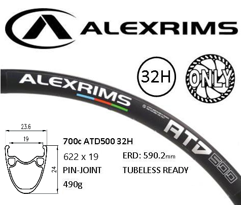 BICYCLE PARTS - RIM 700C X 19MM - ALEX ATD500 - 32H - (622 X 19) - PRESTA VALVE - DISC BRAKE - D/W - BLACK - TUBELESS READY - (ERD 588MM)