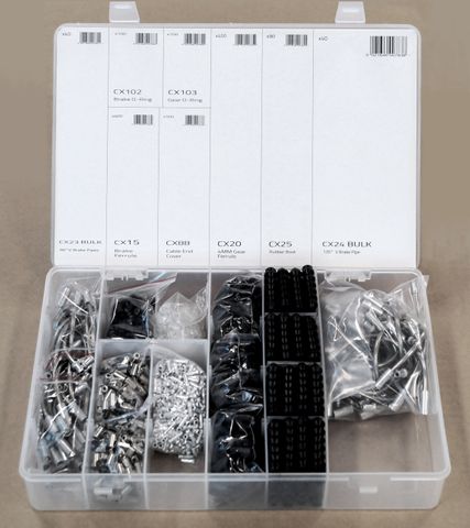 BICYCLE PARTS - WORKSHOP FITTINGS TRAY COMPONENTS INCLUDE, FERRULES, FOR BRAKE AND GEAR, ‘O’ RINGS, GUIDE PIPES - 8 DIFFERENT COMPONENTS, TOTAL 1,710PCES