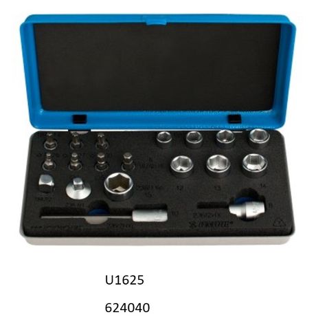 BICYCLE PARTS - UNIOR DRIVERS AND SOCKETS SET, TORX BITS SIZES 25, 27 AND 30, HEX BITS SIZES 3, 4, 5, 6, 8, 10, SOCKET SIZES 8, 9, 10, 11, 12, 13, 14, 15, ADAPTERS 1/4 - 3/8 AND 3/8 - 1/4 , 624040 QUALITY