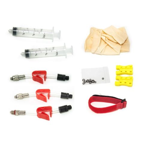 BICYCLE PARTS - BLEED KIT - AVID COMPATIBLE INCS TURN - LOCK SYRINGES X 2, BLEED ADAPTERS WITH LOCK OUT FEATURE X 3, VELCRO TIE X 1, PAIR LATEX GLOVES X 1, BLEED BLOCK X 1