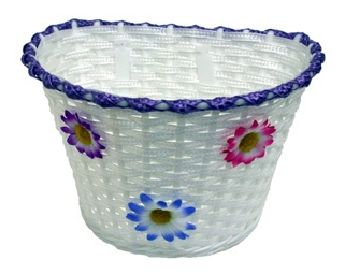 BICYCLE PARTS - BASKET, KIDS, WHITE WOVEN WITH LILAC/PURPLE STRIP AND SMALL FLOWERS, PLASTIC, 12 - 16 BIKES