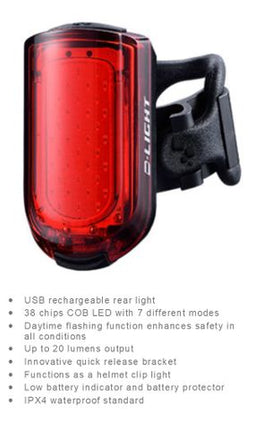 BICYCLE PARTS - LIGHT REAR, 7 FUNCTION , W/DAYTIME FLASH, W/USB CABLE, HIGH INTENSITY 38 COB CHIPS, 20 LUMEN - QUALITY D - LIGHT PRODUCT, ADD ITEM 8383 FOR GO - PRO MOUNT UNDER SADDLE