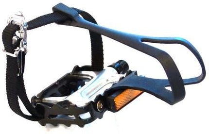 BICYCLE PARTS - PEDALS 9/16 SEALED BEARINGS, ALLOY, SILVER/BLACK, W/TOE CLIP/STRAP