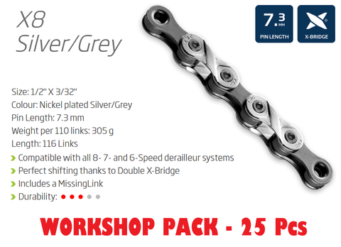 KMC X8.93 116 Link 6-8 Speed Chain Workshop Box With Connect Link - Includes 25 Chains - Silver Grey Cycling Gear Maintenance Tool