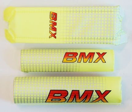 BMX CRASH Pad Suit Set 3 Fluro Lime Yellow Grid Pattern For 12 Bike Cycling Accessories Handlebar Grip Covers
