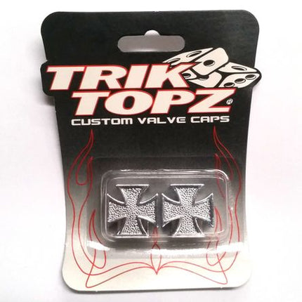 BICYCLE PARTS - VALVE CAP - IRON CROSS, TRIK TOPZ, CARD OF 2, CHROME