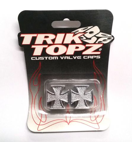 BICYCLE PARTS - VALVE CAP - IRON CROSS, TRIK TOPZ, CARD OF 2, CHROME