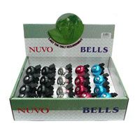 BICYCLE PARTS - BELLS - DISPLAY BOX OF 20 BELLS WITH A PLASTIC BASE AND AN ALLOY TOP. INCLUDES DISPLAY BOX AND 20 BELLS (8 BLACK, 4 BLUE, 4 SILVER AND 4 RED) FOR STANDARD BARS 22.2