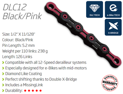 KMC DLC12 12 Speed Pink Chain 126 Links - Diamond Hard DLC Coating - X-series Bike Drivetrain Component With Connect Link
