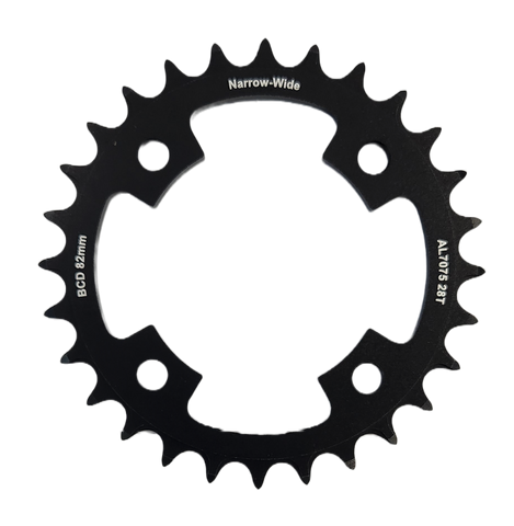 BICYCLE PARTS - CHAIN RING ONLY, 28T, AL7075, BLACK BCD: 82MM, NARROW WIDE - (BOLT HOLE = 8MM)