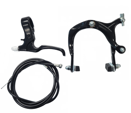 BICYCLE PARTS - RIGHT FRONT BRAKE SET, INCLUDES BMX CALIPER WITH 73 - 92MM REACH, RIGHT HAND LEVER AND 2P CABLE + OUTER, NUTTED, BLACK (FRONT ONLY)
