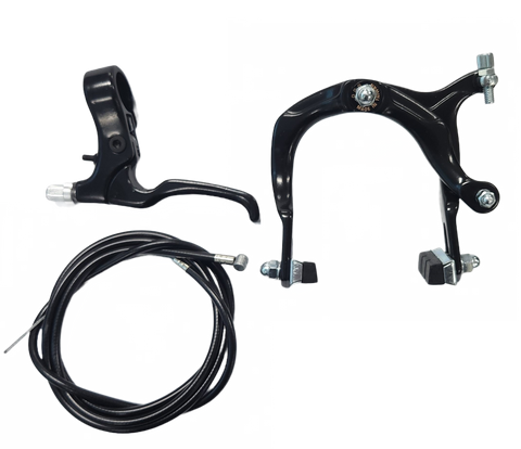 BICYCLE PARTS - RIGHT FRONT BRAKE SET, INCLUDES BMX CALIPER WITH 73 - 92MM REACH, RIGHT HAND LEVER AND 2P CABLE + OUTER, NUTTED, BLACK (FRONT ONLY)