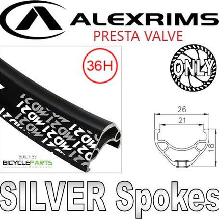 BICYCLE PARTS - WHEEL - 29ER ALEX MD21 36H P/J BLACK RIM, FRONT Q/R (100MM OLD) 6 BOLT DISC LOOSE BALL JOYTECH BLACK HUB, MACH 1 SILVER SPOKES