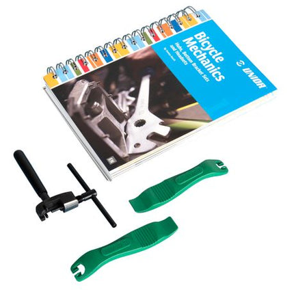 BICYCLE PARTS - UNIOR BICYCLE MECHANICS BOOK SET PLUS BIKE TOOLS 629395 SET OF TWO TIRE LEVERS + CHAIN TOOL