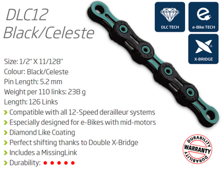 KMC DLC12 12 Speed Bicycle Chain 126 Links Celeste Black DLC Diamond Hard X Series W/connect Link For Cycling Performance