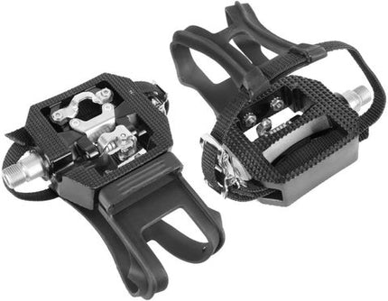 BICYCLE PARTS - EXERCISE PEDALS - 9/16 CRO - MO AXLE - SPD ONE SIDE, TOE CLIP OPPOSITE - CLEATS INCLUDED.