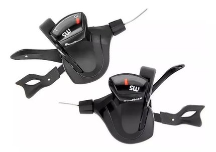 BICYCLE PARTS - SHIFTER SET - RIGHT HAND 10 SPEED, LEFT HAND 2 SPEED, THUMB TAP DUAL TRIGGER, ALLOY LARGE LEVER WITH GEAR DISPLAY AND STAINLESS STEEL CABLE, SUNRACE, BLACK (NOT SHIMANO I - SPEC® II COMPATIBLE)