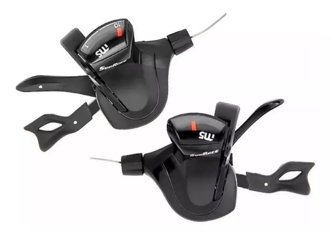 BICYCLE PARTS - SHIFTER SET - RIGHT HAND 10 SPEED, LEFT HAND 2 SPEED, THUMB TAP DUAL TRIGGER, ALLOY LARGE LEVER WITH GEAR DISPLAY AND STAINLESS STEEL CABLE, SUNRACE, BLACK (NOT SHIMANO I - SPEC® II COMPATIBLE)
