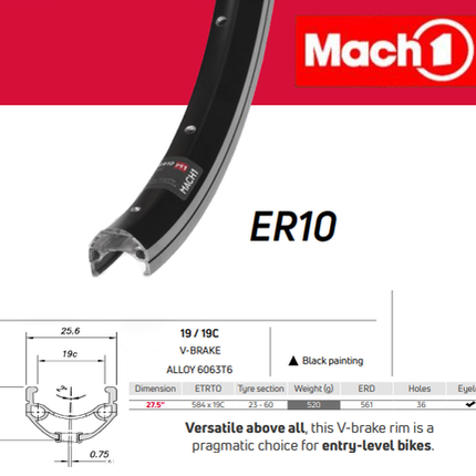 BICYCLE PARTS - RIM 27.5/650B X 19MM - MACH1 ER - 10 - 36H - (584 X 19C) - SCHRADER VALVE - RIM BRAKE - D/W - BLACK - EYELETED - MSW - MADE IN FRANCE - (ERD - 561)