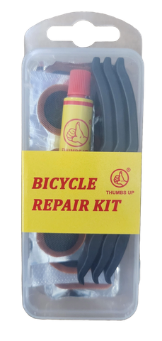 BICYCLE PARTS - REPAIR KIT & 3 X TYRE LEVERS, 9 X ASSORTED PATCHES(3 X25MM, 2 X34MM, 2 X35X24MM & 2 X 50 X 32MM)/8CC GLUE SOLUTION/ SAND PAPER