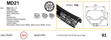 BICYCLE PARTS - RIM 29ER X 21MM - ALEX MD21 - 36H - (622 X 21) - SCHRADER VALVE - DISC BRAKE - D/W - BLACK - EYELETED - TUBELESS READY - (REQUIRES AV TUBELESS VALVE)