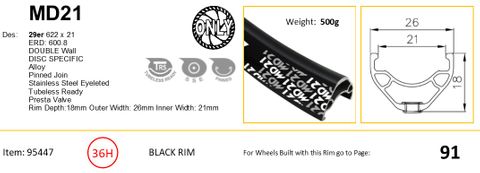 BICYCLE PARTS - RIM 29ER X 21MM - ALEX MD21 - 36H - (622 X 21) - SCHRADER VALVE - DISC BRAKE - D/W - BLACK - EYELETED - TUBELESS READY - (REQUIRES AV TUBELESS VALVE)