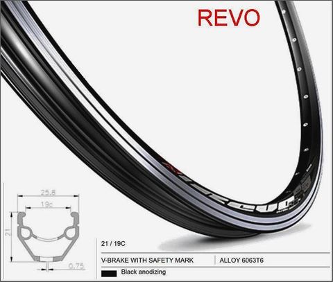 BICYCLE PARTS - RIM 26 X 19MM - MACH1 REVO - 36H - (559 X 19) - SCHRADER VALVE - RIM BRAKE - D/W - BLACK - EYELETED - MSW - (ERD 533)
