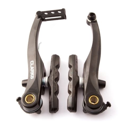 BICYCLE PARTS - V BRAKE 110MM ARMS, LINEAR PULL, ALLOY, BLACK, FOR FRONT OR REAR, INC GUIDE AND RUBBER BOOT, VALUE CLARKS PRODUCT