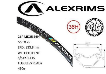 BICYCLE PARTS - RIM 26 X 25MM - ALEX MD25 - 36H - (559 X 25) - SCHRADER VALVE - DISC BRAKE - D/W - BLACK - EYELETED - TUBELESS READY - (ERD 533) - (REQUIRES AV TUBELESS VALVE)